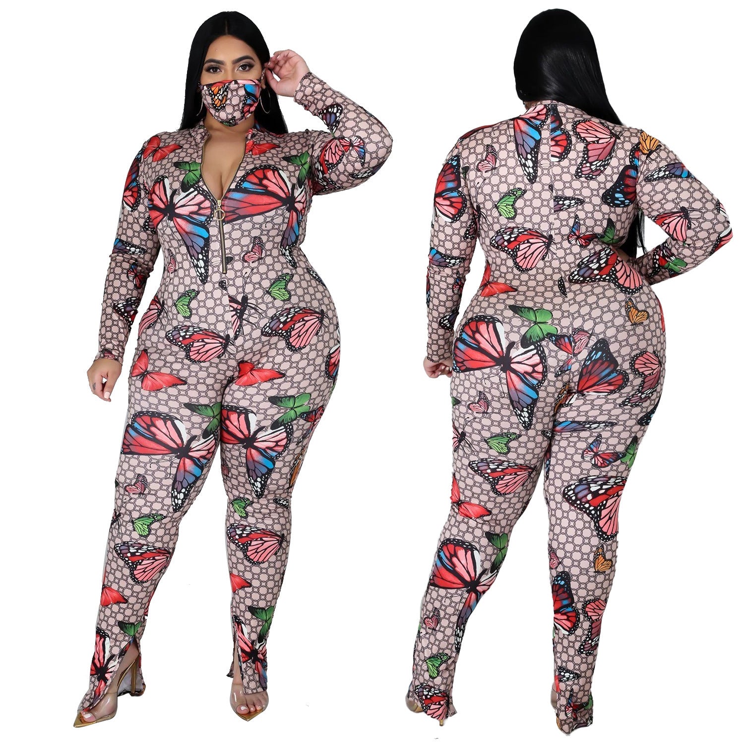 European and American Plus Size Fat Woman Stretch Digital Print Jumpsuit