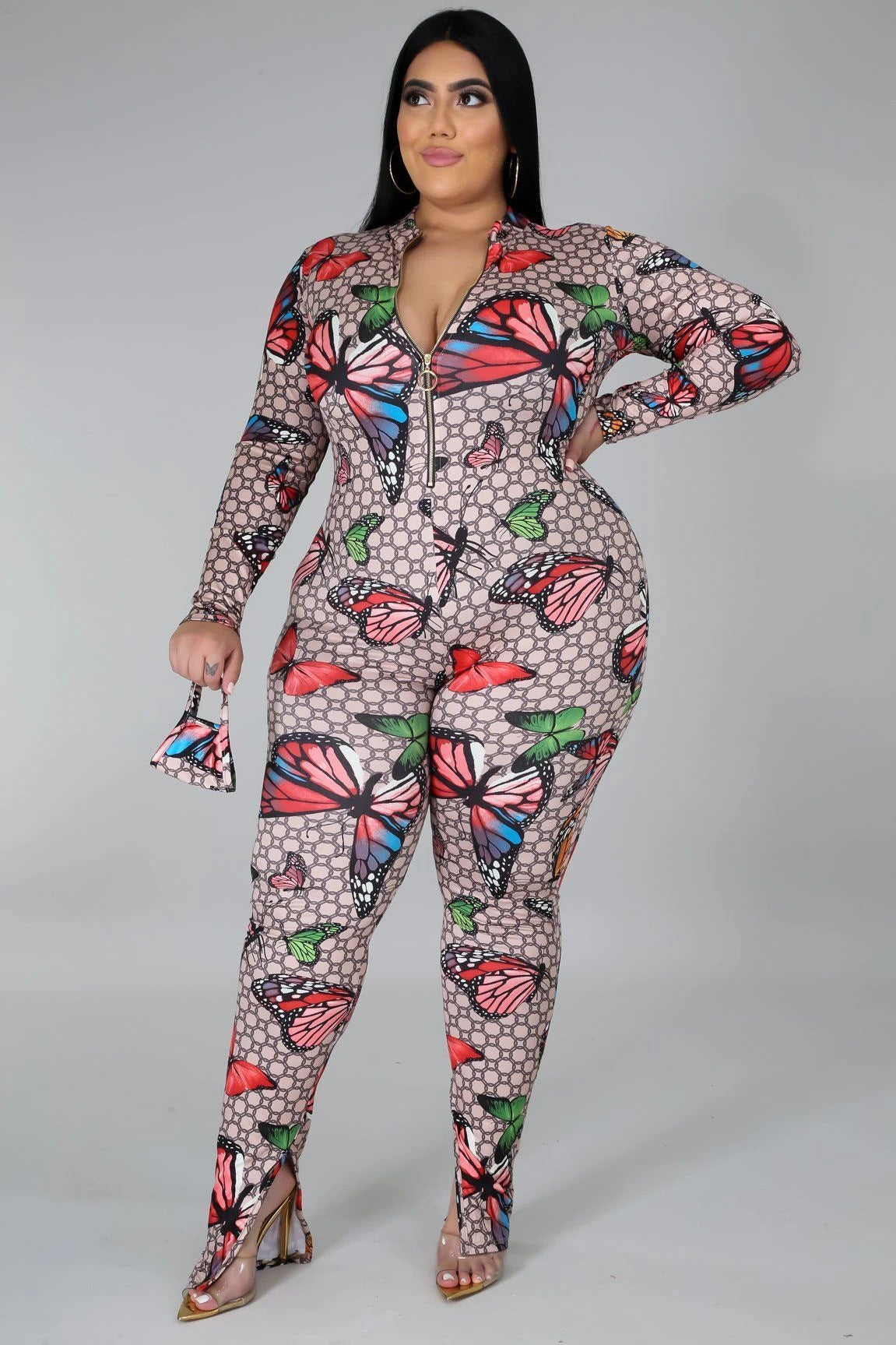 European and American Plus Size Fat Woman Stretch Digital Print Jumpsuit