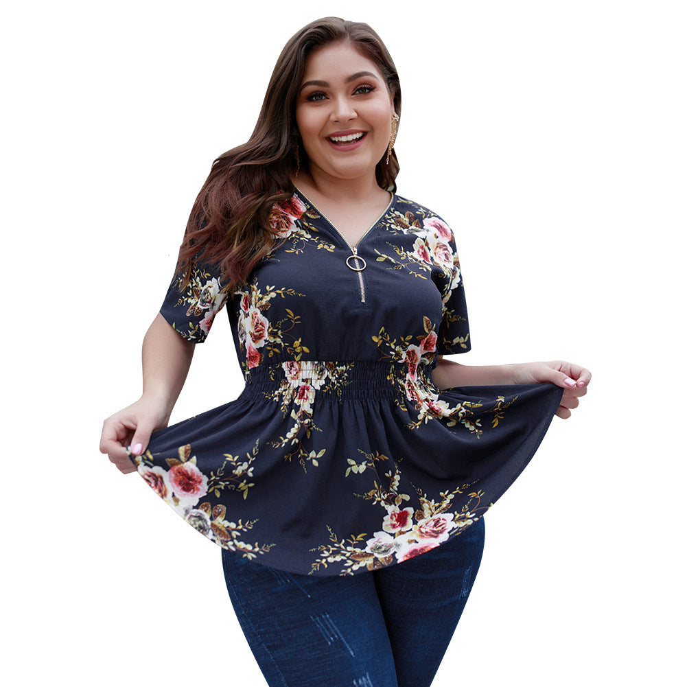 V-neck plus size shirt print top