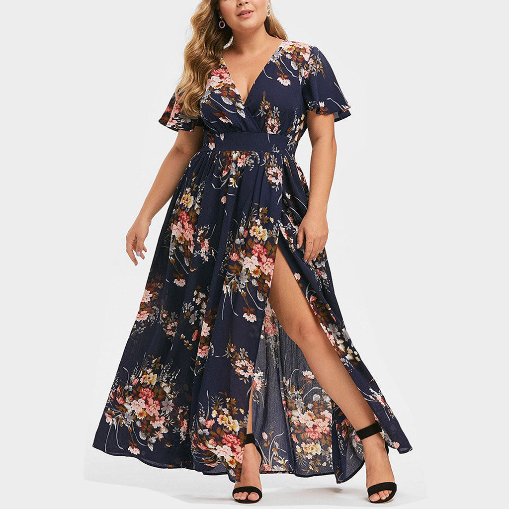 Spring And Summer Amazon Plus Size Women's Fat Sister Waist Printing Printed Hem Slit Dress Factory Stall