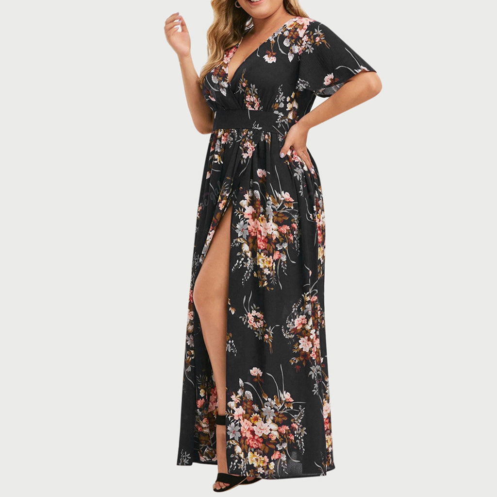 Spring And Summer Amazon Plus Size Women's Fat Sister Waist Printing Printed Hem Slit Dress Factory Stall