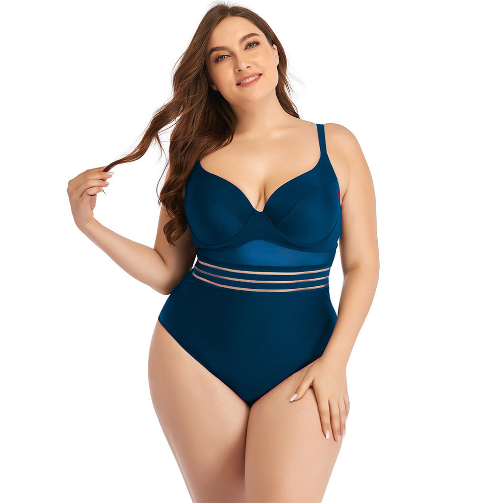 Large Size Swimsuit Women's One-Piece Plus Fat Mesh Hollow Plain Color