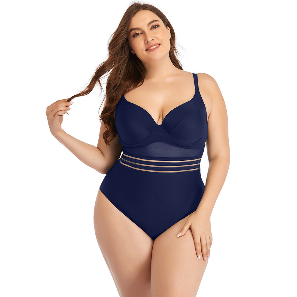 Large Size Swimsuit Women's One-Piece Plus Fat Mesh Hollow Plain Color