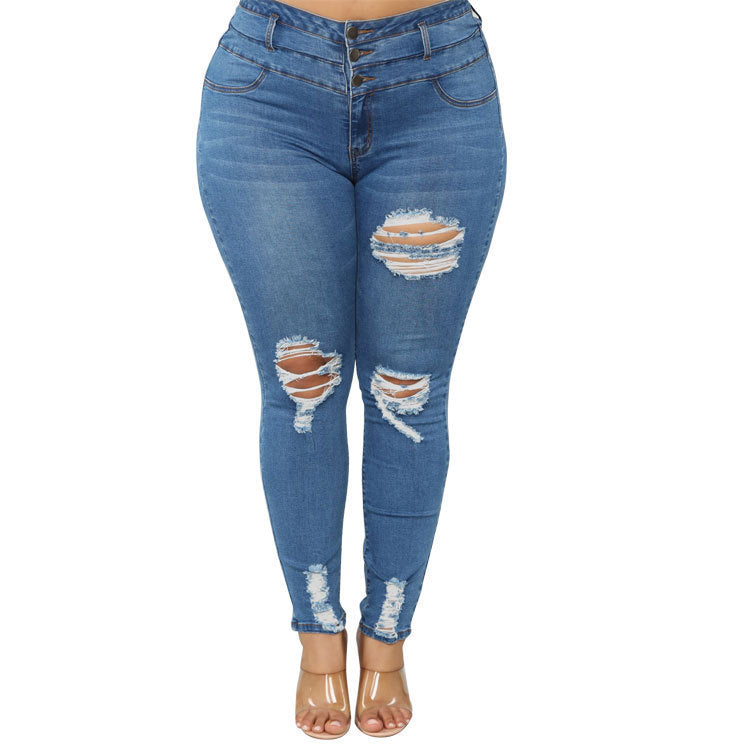 High waist ripped large size fat jeans