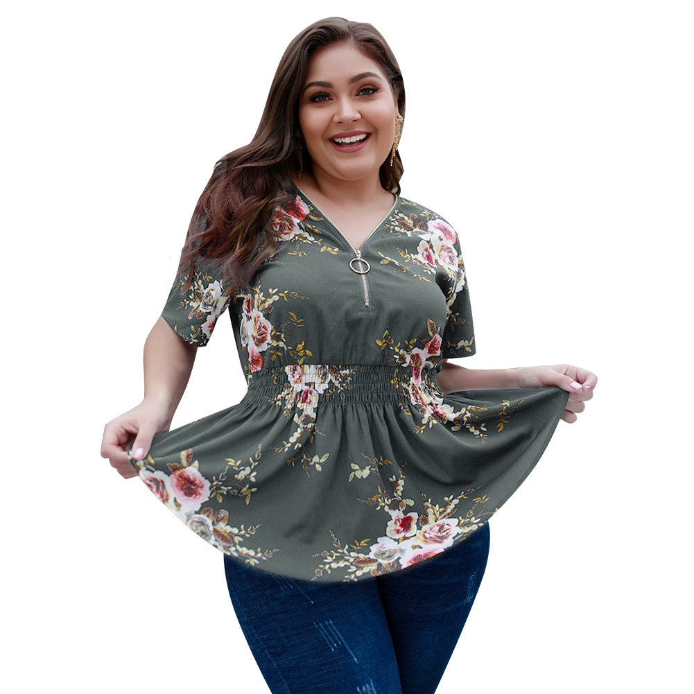 V-neck plus size shirt print top