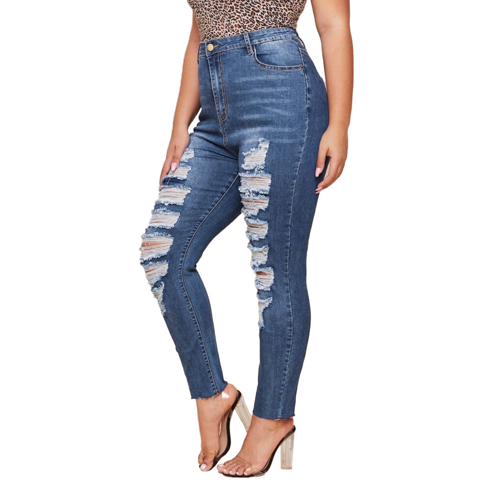 Washed Ripped Fat MM Slim Plus Size Pencil Pants