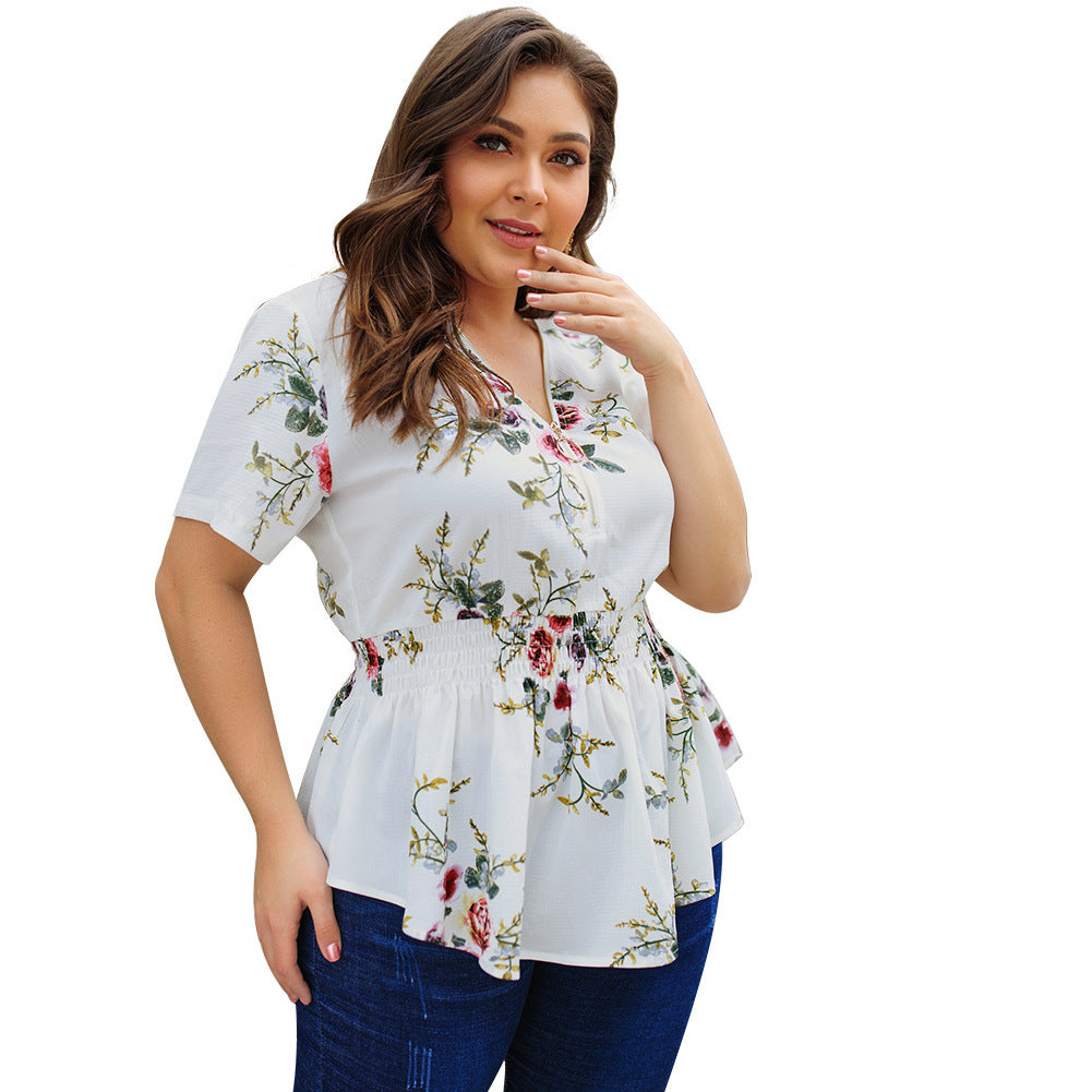 V-neck plus size shirt print top