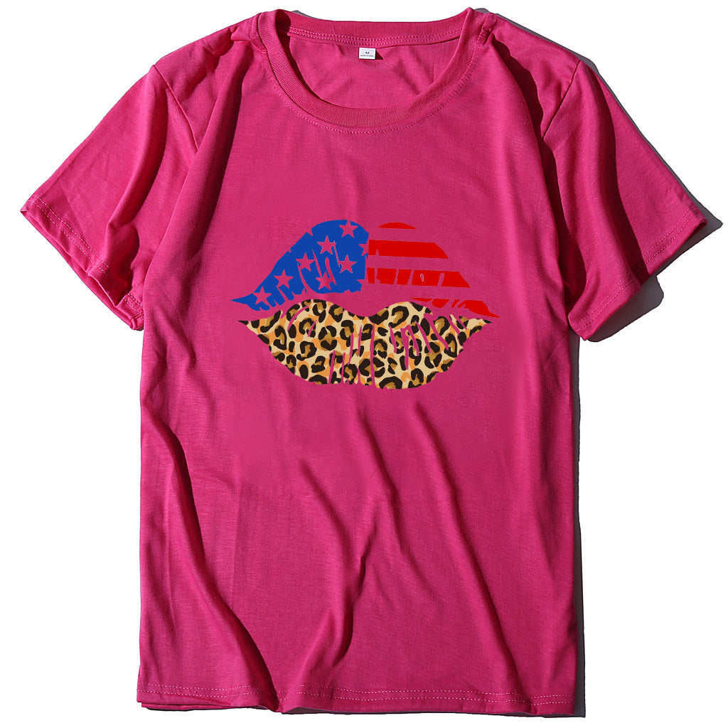 Independence Day Loose Plus Size Flag Printed Lips Women T-shirt