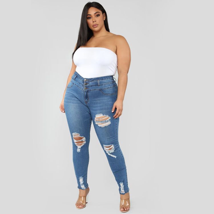 High waist ripped large size fat jeans