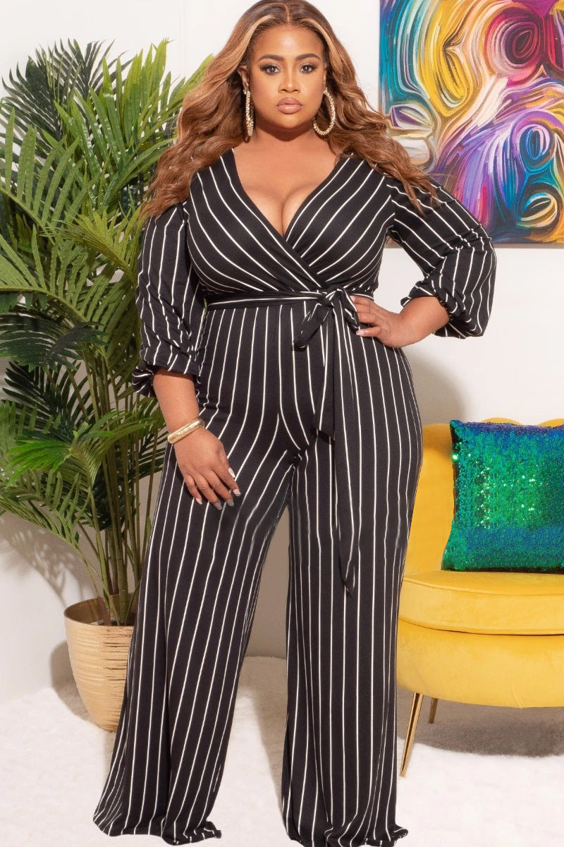 Women's Placement Print Striped Plus Size V-Neck Jumpsuit