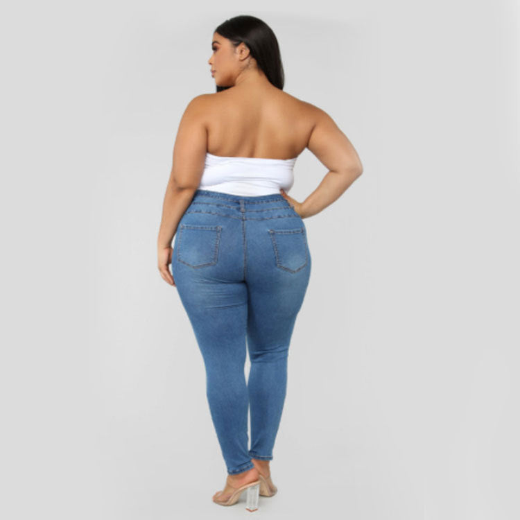 High waist ripped large size fat jeans