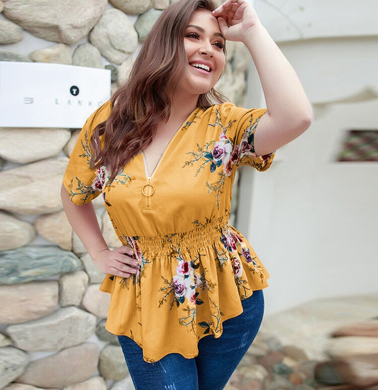 V-neck plus size shirt print top