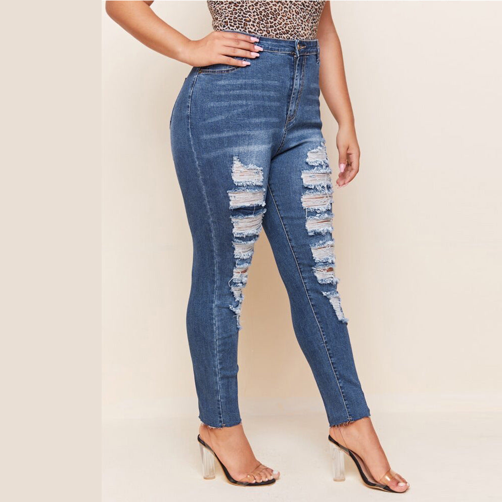 Washed Ripped Fat MM Slim Plus Size Pencil Pants