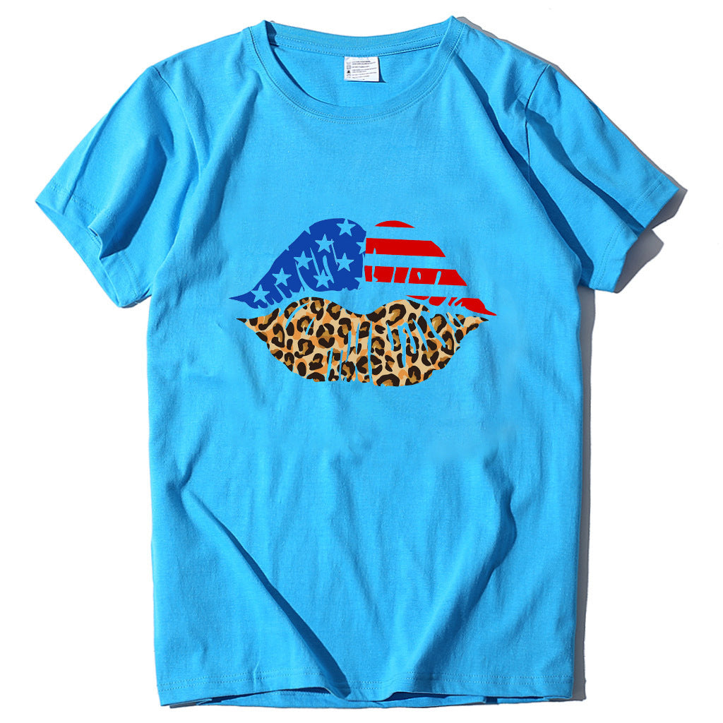 Independence Day Loose Plus Size Flag Printed Lips Women T-shirt