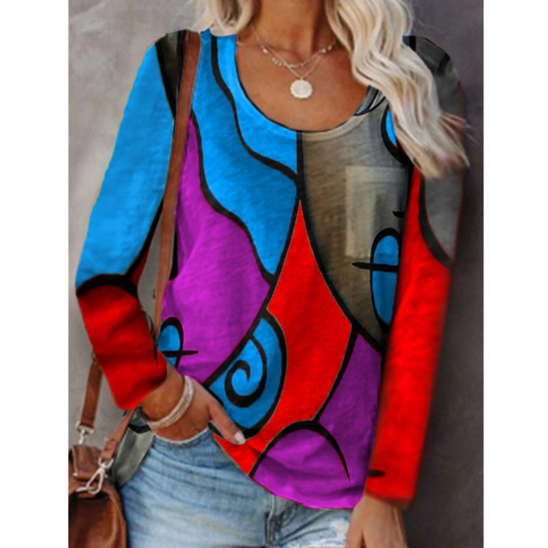 Women's Casual Long-sleeved T-shirt Plus Size Color Matching Blouse Women