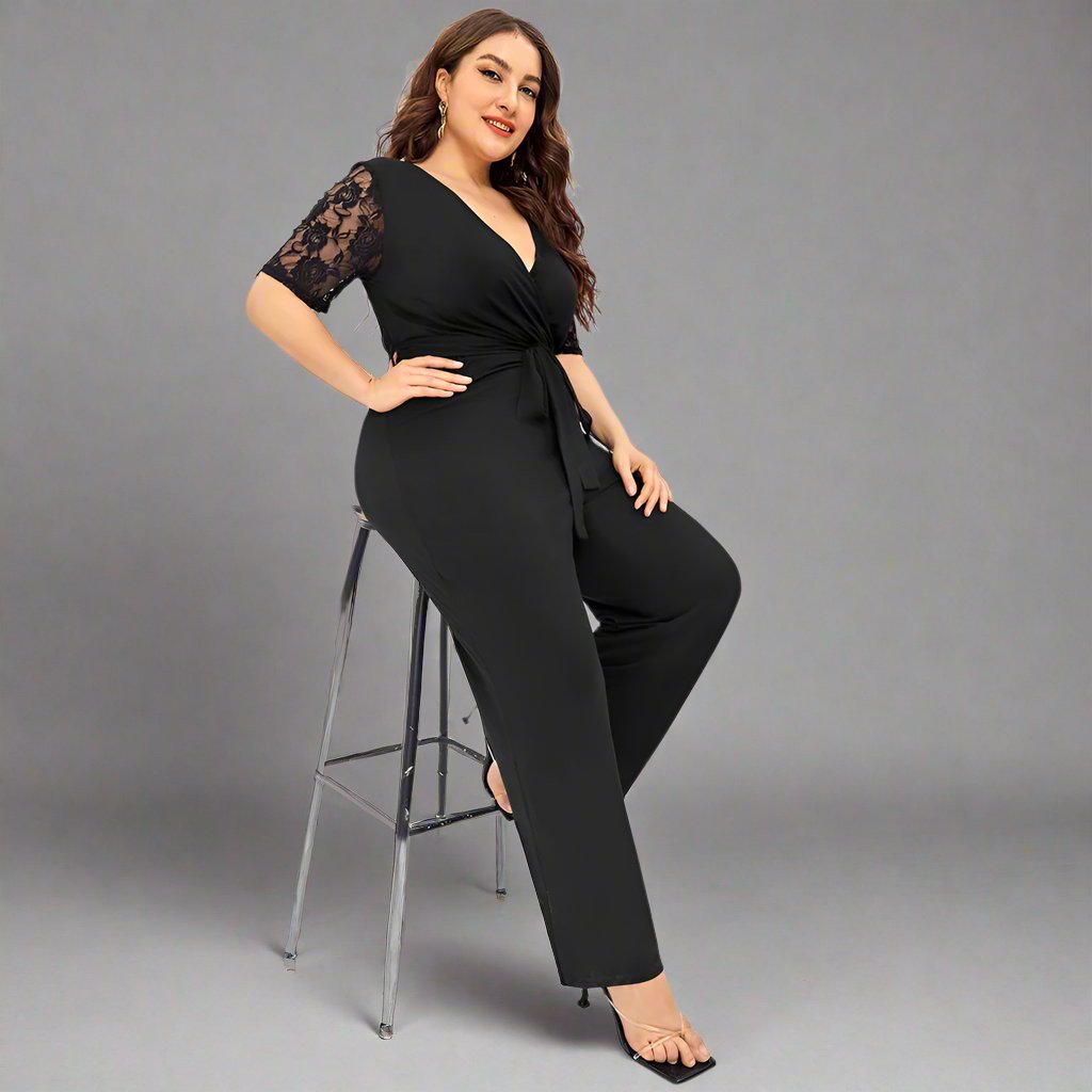 Women's Deep V Neck Lace Short Sleeve Plus Size Jumpsuit