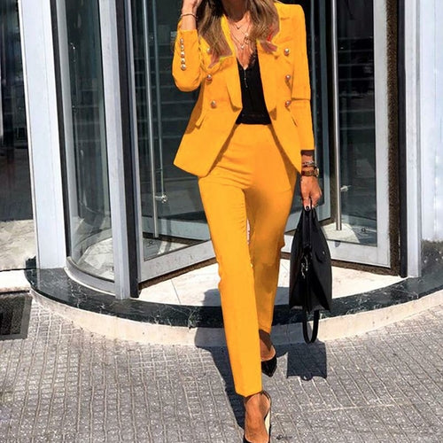 Office Lady Solid Color Blazer Jacket and Long Pants Two-piece Set