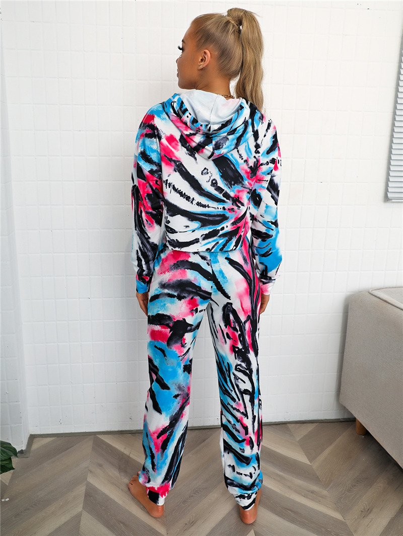 Long Sleeve Tie-dye Printed Hoodies Crop Top and Long Pants Two Piece