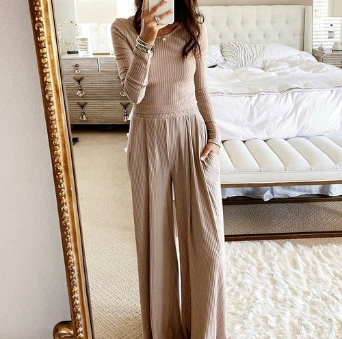 O-neck Long Sleeve Slim Crop Top and Wide-leg Pants