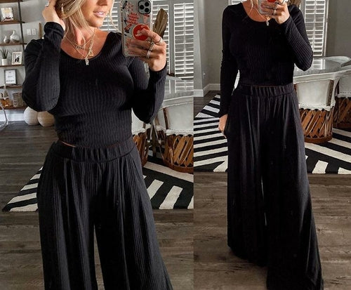 O-neck Long Sleeve Slim Crop Top and Wide-leg Pants