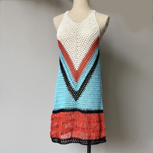 Bohemian Multi Color-Blocked Short Dress Casual Summer Sexy Vneck