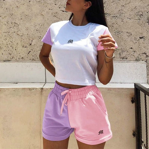 Patchwork Summer Short Sleeve Crop Top And Mini Shorts Women Set