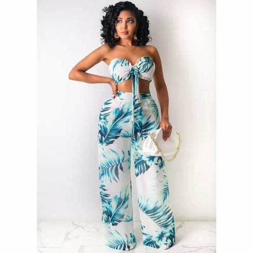 2 pcs Women Set Print Slash Neck Strapless Short Tops Long Pants