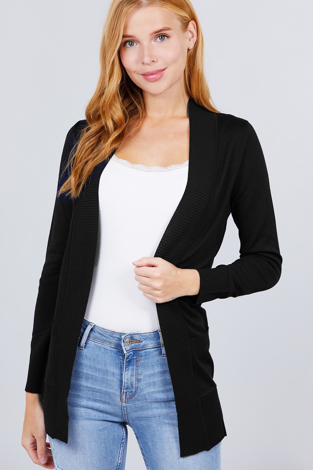 Long Sleeve Rib Banded Open Sweater Cardigan W/pockets