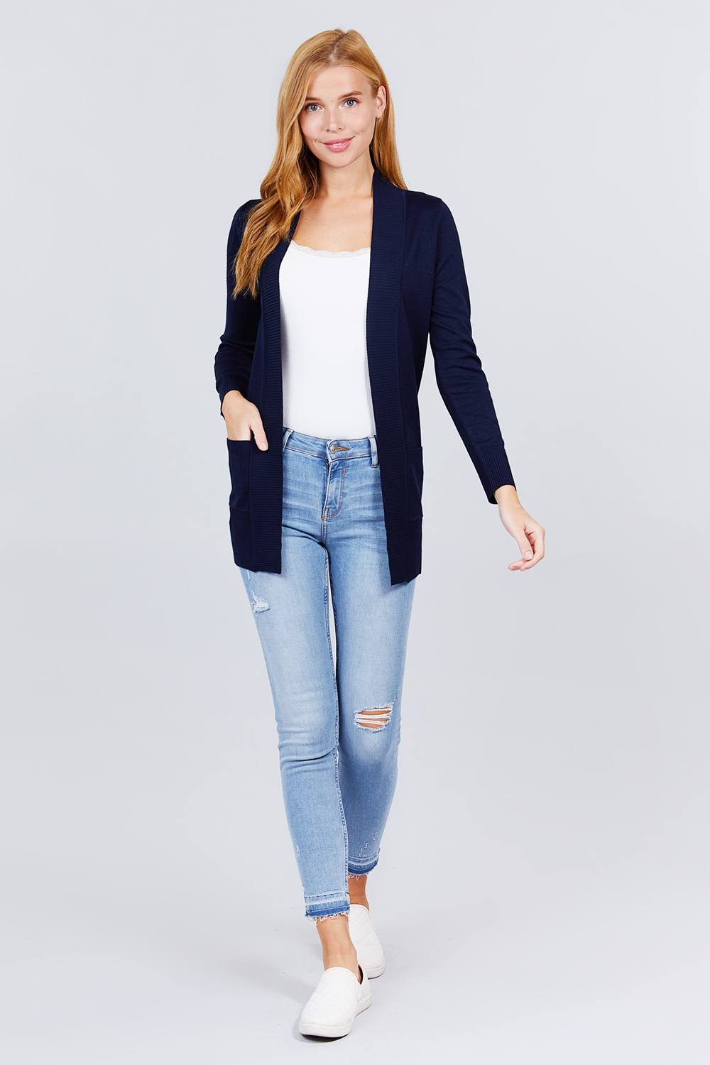 Long Sleeve Rib Banded Open Sweater Cardigan W/pockets