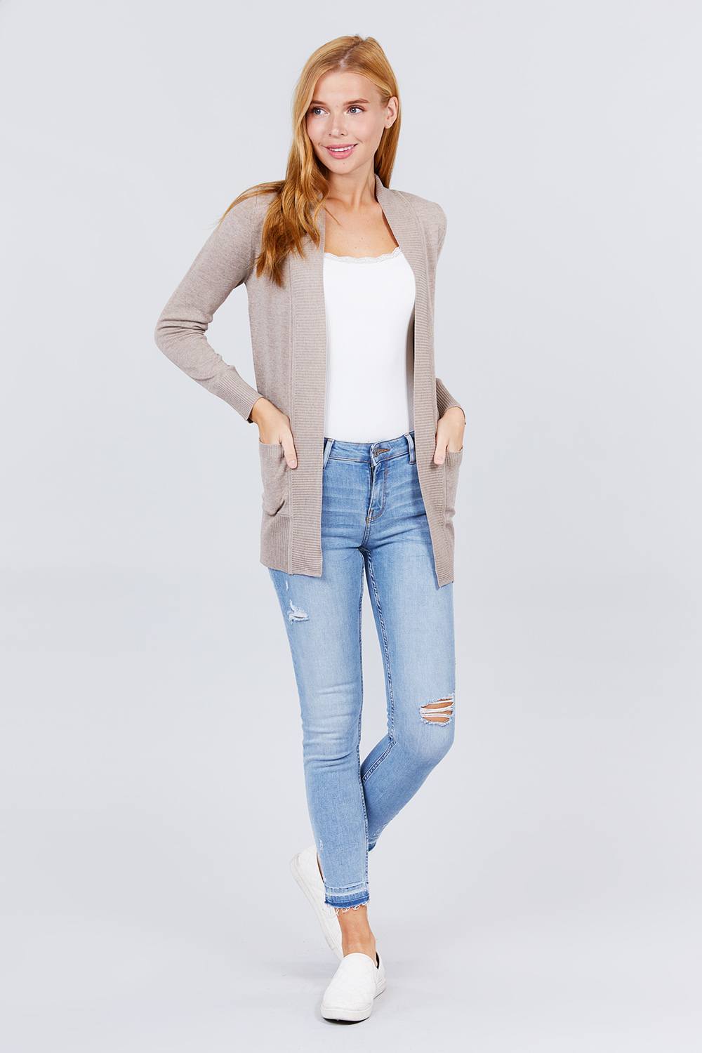 Long Sleeve Rib Banded Open Sweater Cardigan W/pockets