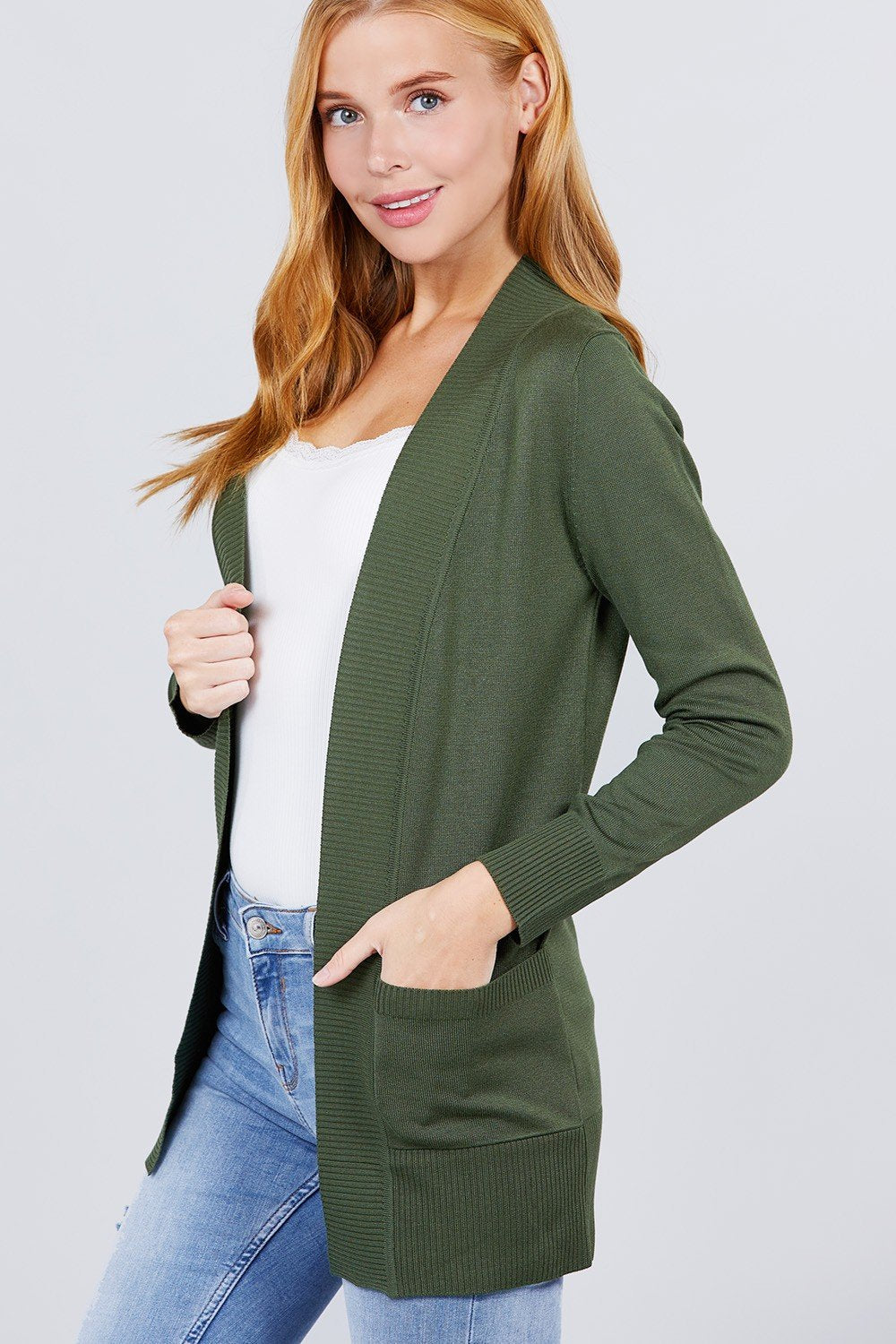 Long Sleeve Rib Banded Open Sweater Cardigan W/pockets