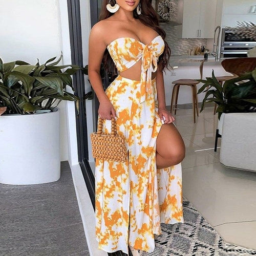 Elegant Two Piece Set Summer Floral Print Backless Party Dress