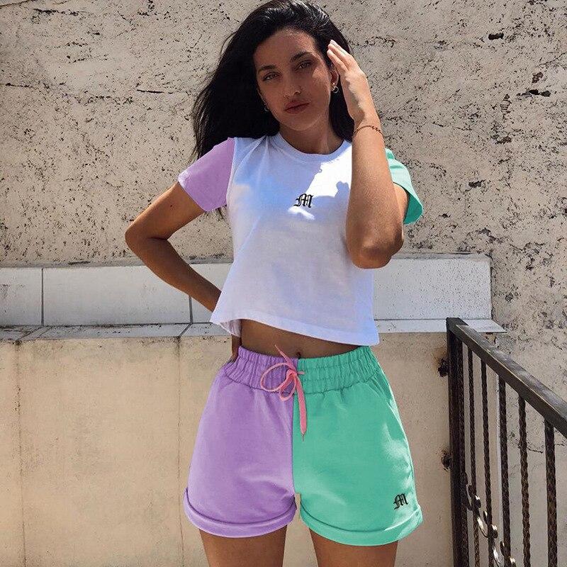 Patchwork Summer Short Sleeve Crop Top And Mini Shorts Women Set