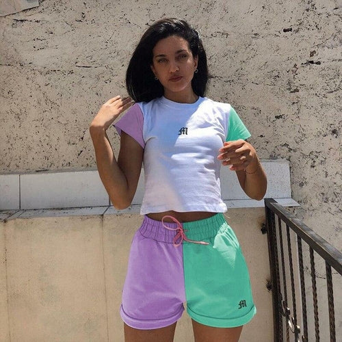 Patchwork Summer Short Sleeve Crop Top And Mini Shorts Women Set