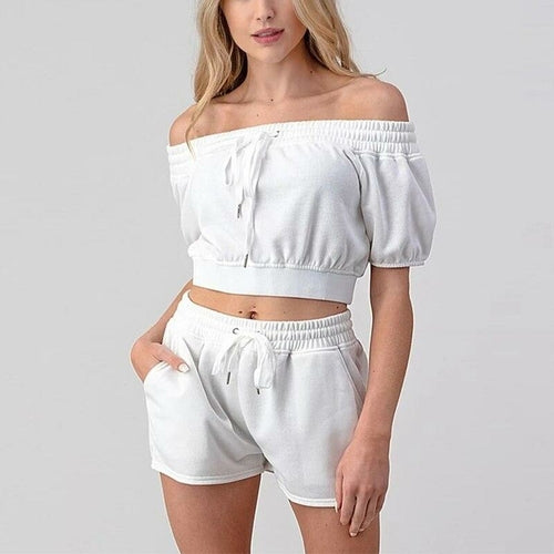 Summer 2 Piece Set Women Off The Shoulder Crop Top And Shorts Set