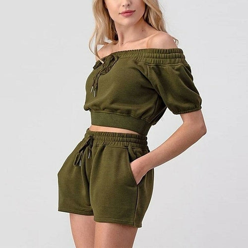 Summer 2 Piece Set Women Off The Shoulder Crop Top And Shorts Set