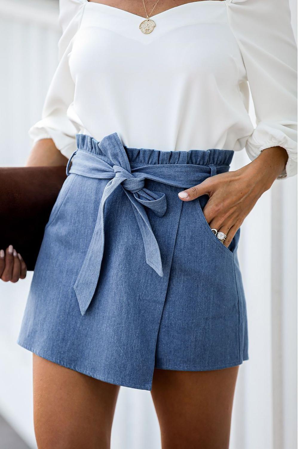 Sky Blue Pocketed Wrap Mini Denim Skirt