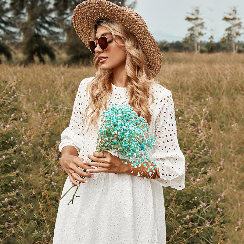 New Round Neck White Hollow out Loose Dress